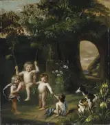 Justus de Gelder, Children playing with a swing in a classical garden setting