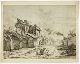 genannt Tempesta Pieter II Mulier, Horse, Cart and Peasants on Road by Old Houses