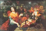 Hieronymus Galle der Ältere, Young woman at a table laid with fruit and flowers in a garden