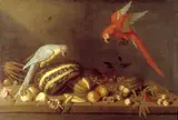 Ambrosius Bosschaert, Still life with fruit, flowers and two parrots
