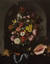 Pieter van de Venne, Flowers in a vase, shells and a watch