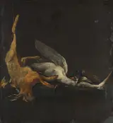 Elias Vonck, Still life with a hare, a heron and other birds