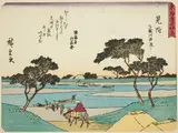 Utagawa Hiroshige also Ando Hiroshige, Mitsuke: Ferries Crossing the Tenryu River (Mitsuke, Tenryugawa funawatashi), from the series "Fifty-three Stations of the Tokaido (Tokaido gojusan tsugi)," also known as the Tokaido with Poem (Kyoka iri Tokaido)