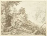 Guilliam van Nieulandt, Berglandschap met rivier, huizen op een rots en figuren