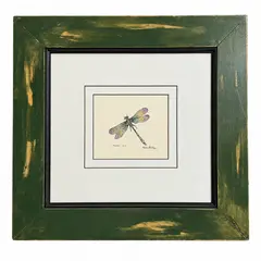 Damsel Fly by Barbara Mulligan, Specifications Medium:, Watercolor print on paper in a distressed green and black wooden