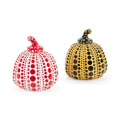 Yayoi Kusama, PUMPKINS (YELLOW/BLACK AND RED/WHITE), comprising two cast resin pumpkins, 2016, each stamped with the artist's name on the underside, published by Benesse Holdings, Japan, each contained in original presentation boxes (2)