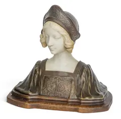 Etienne Watrin, Untitled, Carved Carrara marble and bronze bust of a young woman, mounted to a wood base H