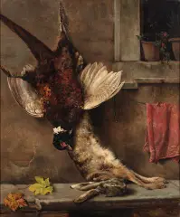 Oreste Costa, Scena łowiecka z bażantem i zającem, 2 poł. XIX w., olej, płótno