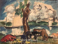 Charles Georges Dufresne, CATTLE WITH SAILBOATS, mixed media on canvas