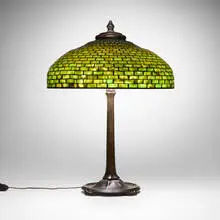 Tiffany Studios, Geometric table lamp, c. 1910, leaded glass, patinated bronze